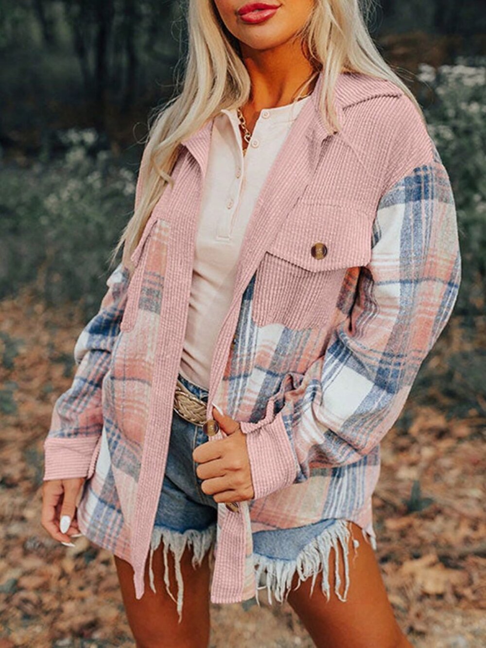 Pink Casual Women's Checkered Patchwork Long Sleeved Jacket